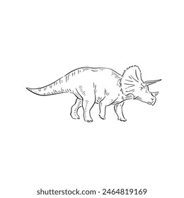 A line drawn illustration of a triceratops. Hand drawn in black and white and shaded using lines. A simple sketchy style illustration vectorised for many uses.