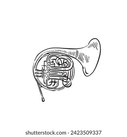 A line drawn illustration of a tuba in black and white. Vectorised digitally for a variety of uses. Drawn by hand in a sketchy style.