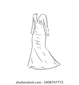 A line drawn illustration of a v neck line sleeved dress, which could be used for bridal boutiques, wedding blogs and so much more. Vectorised for a wide range of uses.