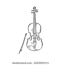 A line drawn illustration of a violin in black and white. Vectorised digitally for a variety of uses. Drawn by hand in a sketchy style.