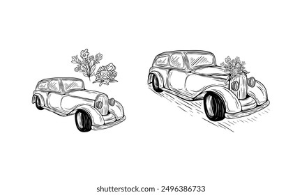 A line drawn illustration of a wedding car. A classic vehicle hand drawn in black and white.