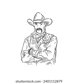 A line drawn illustrative vector of a cowboy. with arms crossed, wearing a bandana, shirt and a cowboy hat; the classic cowboy style. Hand drawn and digitally vectorised in a sketchy style.