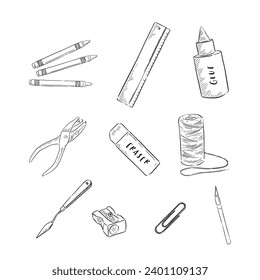 A line drawn image bundle of crayons, ruler, glue, eyelet maker, eraser, string, pallet knife, pencil sharpener and paper clip. All hand drawn and vectorised in a sketchy style. 