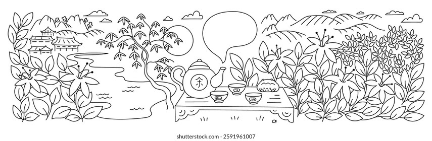 Line drawn Landscape illustration. Traditional Tea Set with Teapot with the Chinese word tea, and Bowls. Vector editable outline stroke.