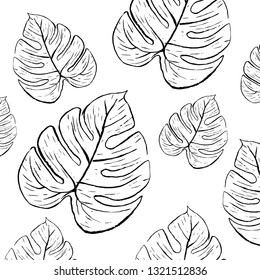 Line drawn leaves, floral pattern. Black pattern, white background