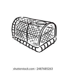 A line drawn lobster catcher basket hand drawn in black and white. Vector.