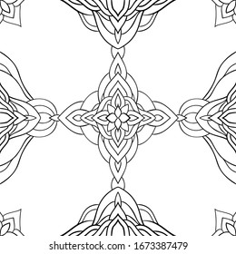Mandala dibujada en línea sin problemas. Dibujo abstracto negro sobre fondo blanco.