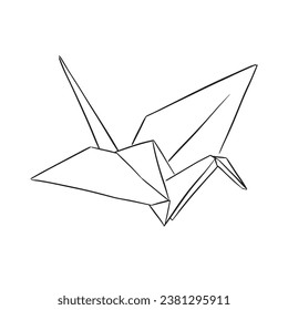 A line drawn origami crane as positioned diagonally. Hand drawn sketch.