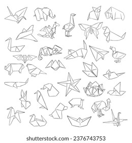 Iconos de origami dibujados en línea en negro. Archivos vectoriales creados en Procreate y convertidos en archivos para uso para señalización de bodas DIY, logotipos, diseño gráfico y mucho más.