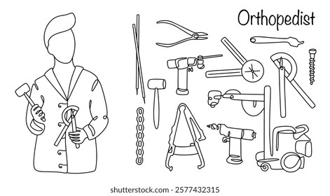 Line drawn orthopedic doctor and his medical instruments. A doctor who treats diseases of the bones, joints and musculoskeletal system. Medical vector for different uses.