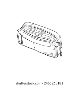 A line drawn pencil case in black and white in a sketchy style. Hand drawn and digitised. 