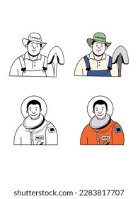 Line drawn people vector - farmer, astronaut concept illustration