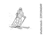 A line drawn person skiing. Drawn in black and white with snow flakes in the air. Pro skiier hand drawn on Procreate using an Apple pencil. 