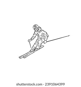 A line drawn person skiing. Drawn in black and white with snow flakes in the air. Pro skiier hand drawn on Procreate using an Apple pencil. 