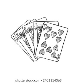 A line drawn pile of 5 playing cards in black and white. A sketchy style digital vector with shading using lines. Hand drawn digitally. 