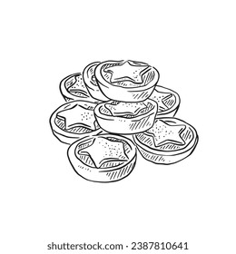 A line drawn pile of mince pies with stars cut out and placed on the top. Hand drawn black and white illustration.