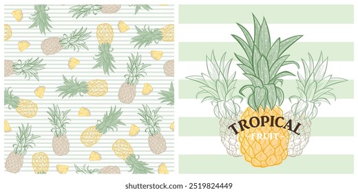 Línea dibujada Ilustración vectorial de piña. Patrón sin fisuras a juego. Obra de arte con piñas, fruta en rodajas, acento de lunares y texto sobre un fondo de rayas verdes. Ilustraciones gráficas de ropa. 