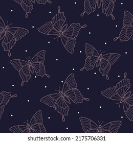 Line drawn pink butterflies with simple decoration and white dots on a dark purple background. Insects. Seamless summer pattern. Suit for packaging, textile.