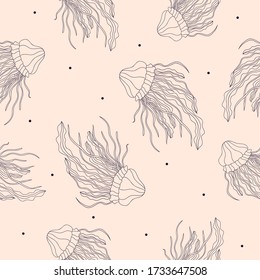 Line drawn purple jellyfishes with bubbles on light background. Seamless underwater cute pattern.