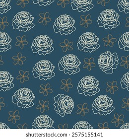 Line drawn rose flowers seamless pattern. Floral surface design of roses and plumeria flowers. Allover print flowery texture on blue bayoux color background.