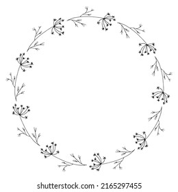 Line drawn round frame made of plant elements. Stylish minimalistic design, line art. Monochrome image.