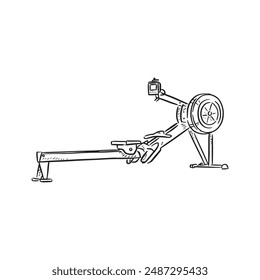 A line drawn rowing machine, drawn in black and white and vectorised. Drawn by hand.