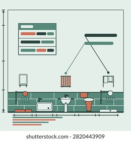 Line drawn sanitary ware elevation drawing showing 7 sanitary fittings with the towel rail set out, tiled dado courses, dimension chains and blank label plates in navy cream colors, flat vector measured plate for bathroom fit out and renovation drawings.