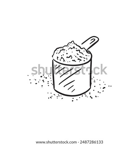 A line drawn scoop of protein powder or supplement. Drawn by hand in a sketch line drawn style.