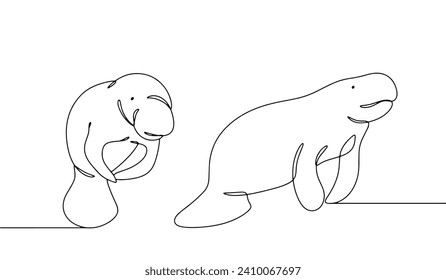 Line drawn sea cow. Two marine mammals. Large herbivorous marine animal. Protection of marine animals. Vector illustration. Images produced without the use of any form of AI software at any stage. 