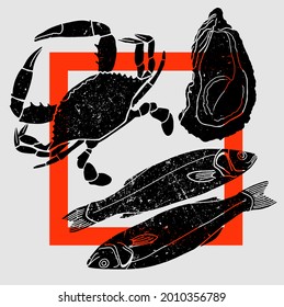Line drawn seafood. Fish, crayfish, molluscs. Vector