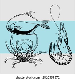 Mariscos trazados en línea. Pescado, langosta, moluscos. Vector