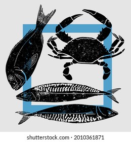 Line drawn seafood. Fish, crayfish, molluscs. Vector