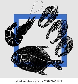 Mariscos trazados en línea. Pescado, langosta, moluscos. Vector