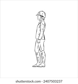 A line drawn side profile illustration of a lady wearing classic horse riding gear. A black and white line drawn illustration and digitally recreated and vectorised. 
