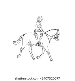 Una línea dibujada como ilustración lateral de una dama montando un caballo. Dibujado a mano en un estilo esquemático blanco y negro. 