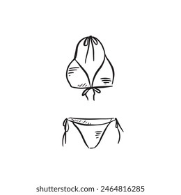 A line drawn sketch of a bikini in black and white. Vectorised in a sketchy style for a variety of uses.