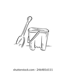 A line drawn sketch of a bucket and spade in black and white. Vectorised in a sketchy style for a variety of uses.