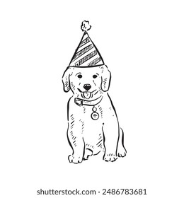 A line drawn sketch of a labrador retriever puppy wearing a party hat with stripes and bobble on the top. Drawn by hand in black and white.