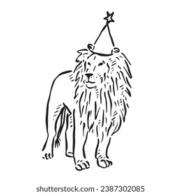 A line drawn sketch of a lion wearing a party hat with a star on the top. Drawn by hand onProcreate and perfect for DIY birthday or party celebrations.