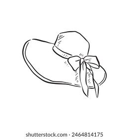 A line drawn sketch of a pretty sun hat in black and white. Vectorised in a sketchy style for a variety of uses.