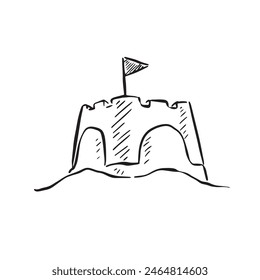 Dibujo lineal de un castillo de arena en blanco y negro. Vectorizado en un estilo esquemático para una variedad de usos.