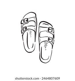 A line drawn sketch of sandals in black and white. Vectorised in a sketchy style for a variety of uses.