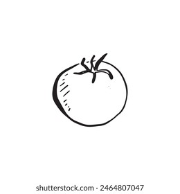 A line drawn sketch of a simple tomato in black and white. Vectorised in a sketchy style for a variety of uses.