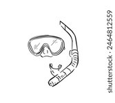 A line drawn sketch of a snorkel and goggles in black and white. Vectorised in a sketchy style for a variety of uses.