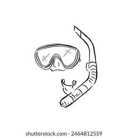 A line drawn sketch of a snorkel and goggles in black and white. Vectorised in a sketchy style for a variety of uses.