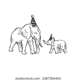 A line drawn sketch of two elephants; a mother and baby wearing party hats. Drawn by hand on Procreate, featuring a mother African elephant and African baby elephant. 