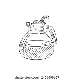 A line drawn sketchy illustration of a glass coffee kettle half full of black coffee. Inspiration taken from USA diners. Hand drawn digitally and vectorised for a wide range of uses.