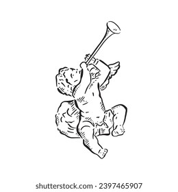 A line drawn sketchy illustrative drawing of a sitting cherub with wings and playing a horn, sitting down with instrument up. Hand drawn in black and white. Vectorised sketch. 