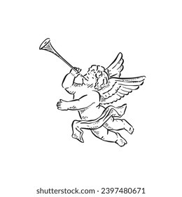 A line drawn sketchy illustrative drawing of a cherub with wing and playing a horn, sitting down with left hand up. Hand drawn in black and white. Vectorised sketch. 