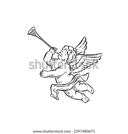 A line drawn sketchy illustrative drawing of a cherub with wing and playing a horn, sitting down with left hand up. Hand drawn in black and white. Vectorised sketch. 